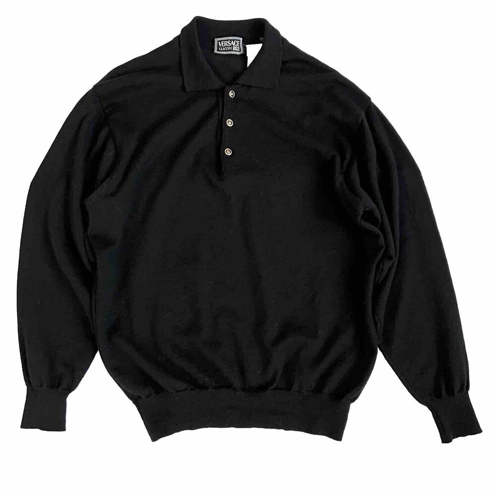 Vintage Gianni Versace V2 Mens Wool Knit Sweater Polo Size L Black Medusa Button